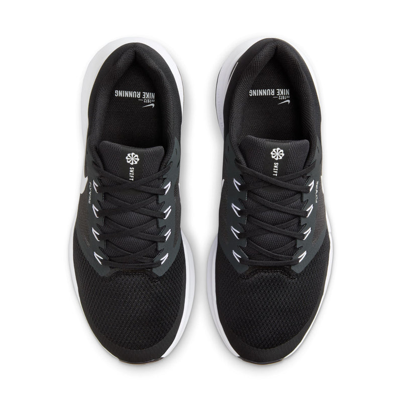 Pair of black lace-up running shoes showing tongues with logo details and cushioned collars.