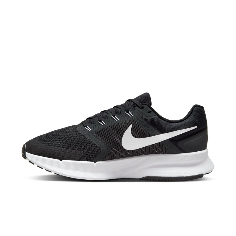 Men's black lace-up running shoe with white Swoosh and smooth white midsole cushioning.