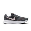 Women’s wide running shoe: dark gray mesh, pink-lilac Swoosh, white midsole