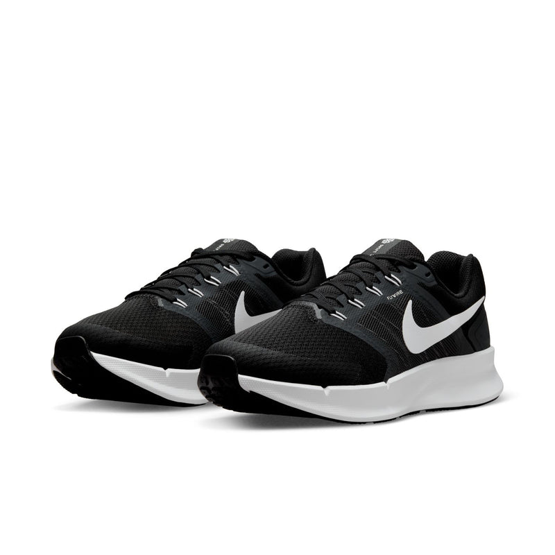 Black lace-up running shoes with white Nike swoosh and white/gray soles, angled pair view.