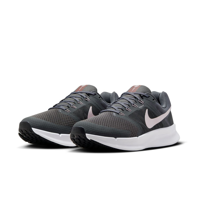 Women’s wide running shoes, dark gray with pink-lilac accents and white foam sole