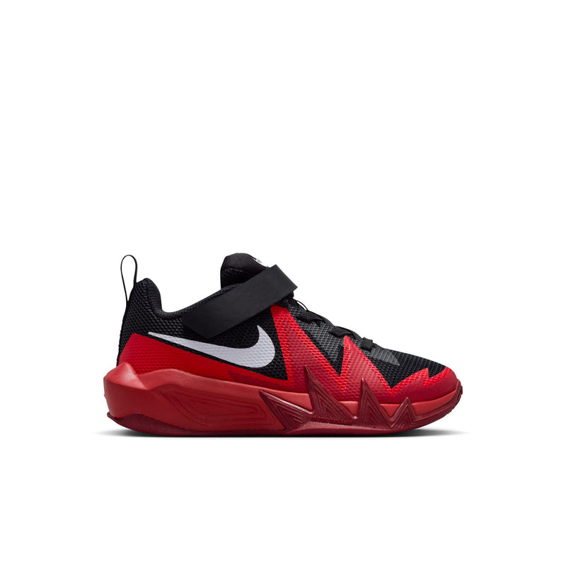 Kids black and red low-top basketball shoes with swoosh and strap detail