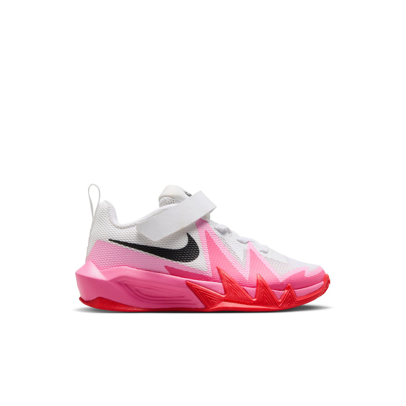 Kids' white, pink and red sneakers with black swoosh and lace-up strap