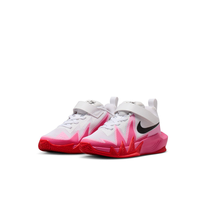 Kids' lace-up sneakers in white with pink graphics, black swoosh, red sole