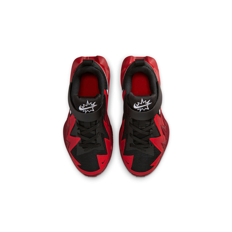 Kids black and red sneakers, front view, with cushioned collar and swoosh logo