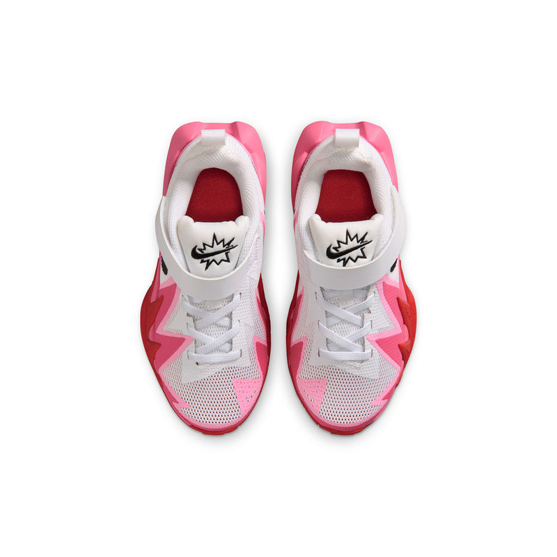 Kids' sneakers with white uppers, pink side panels, black logo on heel tab