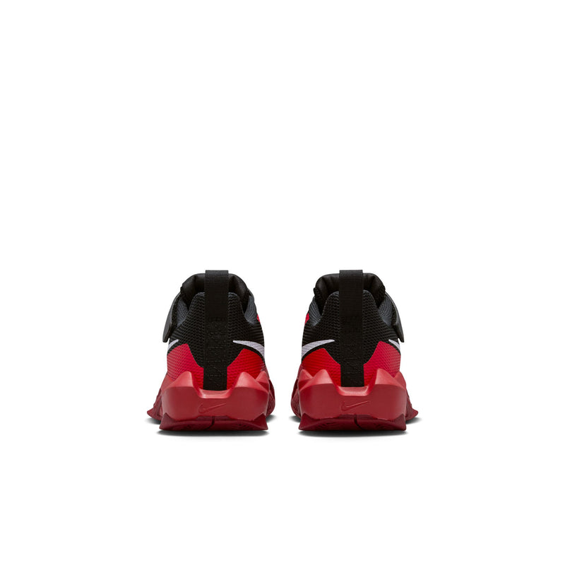 Kids black and red sneakers, heel view, showing rear strap and tread
