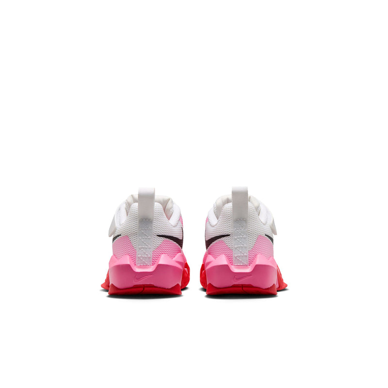 Kids' sneakers heel view: white upper with pink accents and red rubber outsole