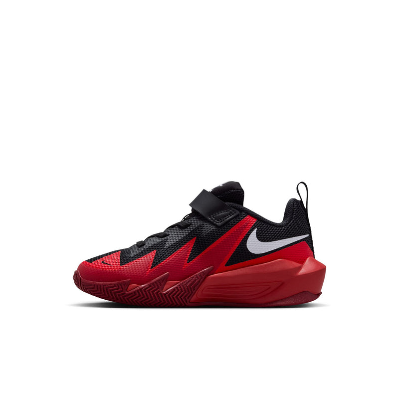 Kids black, red and gray low-top sneakers with swoosh and zigzag side detail