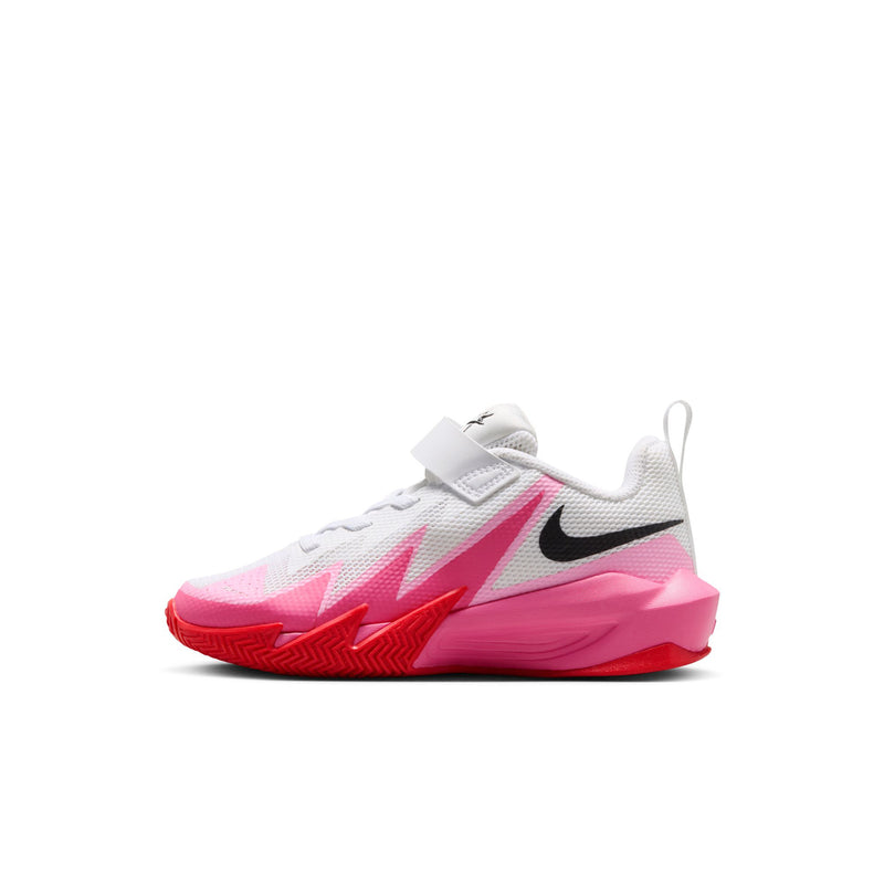 Kids' side view sneakers: white mesh with pink lightning design and black swoosh