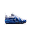 Youth basketball sneaker with light gray mesh upper and blue Swoosh, lace-up.