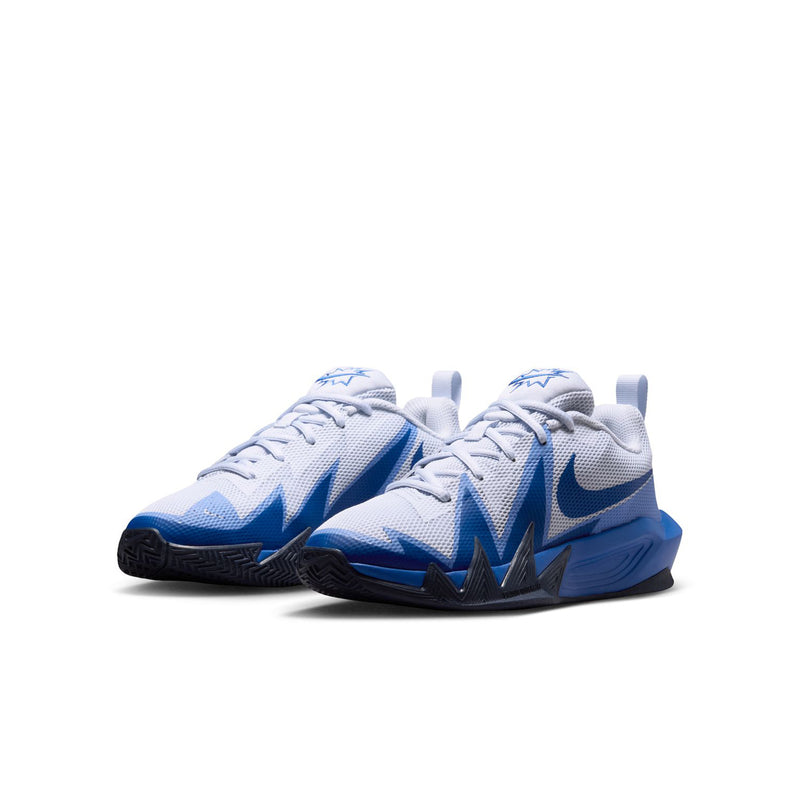 Youth basketball sneakers in light gray and blue, lace-up design with chunky midsole.