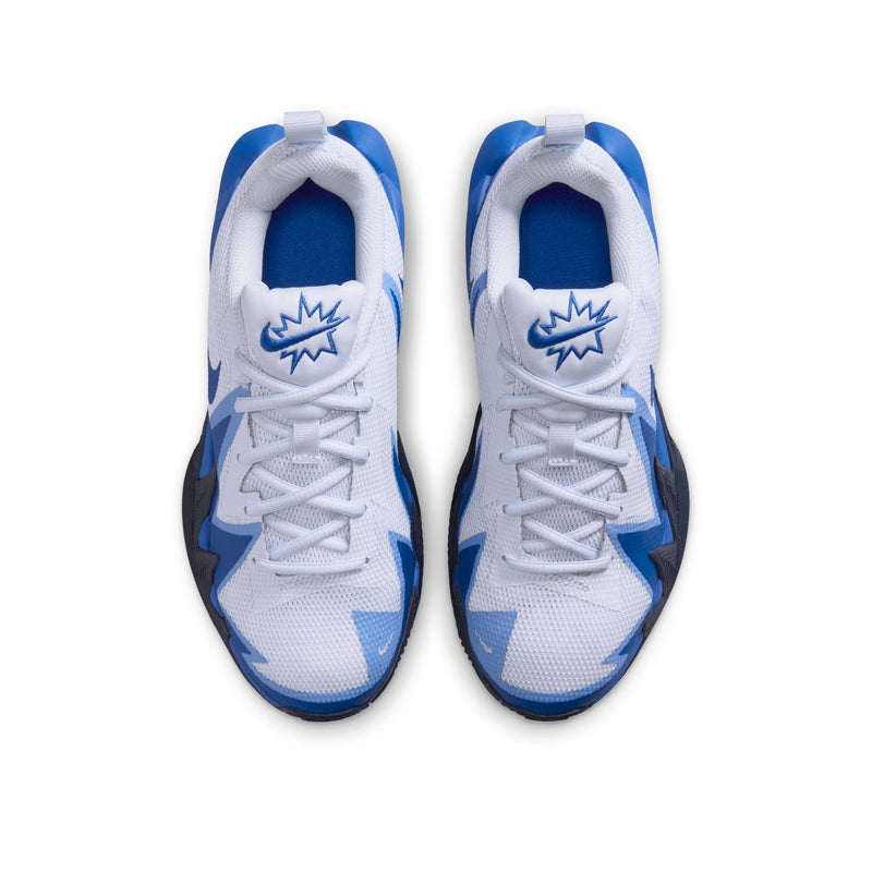 Pair of youth lace-up sneakers with white uppers, blue accents, and padded tongue.