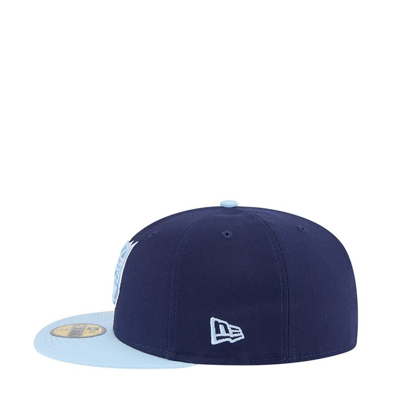 Two-tone baseball cap, navy crown with light brim and small embroidered side logo