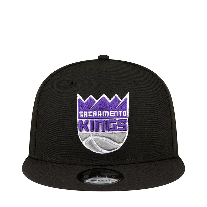 Black snapback baseball cap with Sacramento Kings front graphic and curved brim
