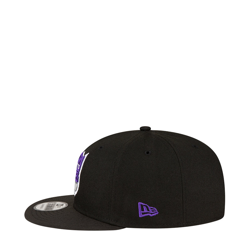 Black snapback baseball cap with purple New Era logo on the side panel