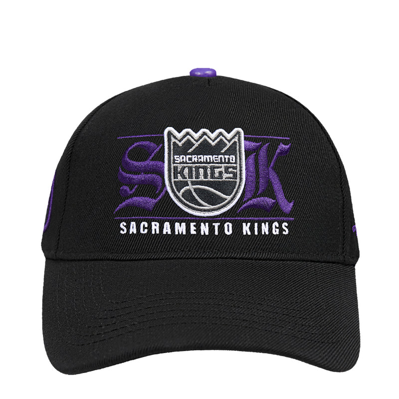 Black snapback cap with purple top button and front Sacramento Kings logo patch