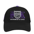 Black snapback cap with purple top button and front Sacramento Kings logo patch