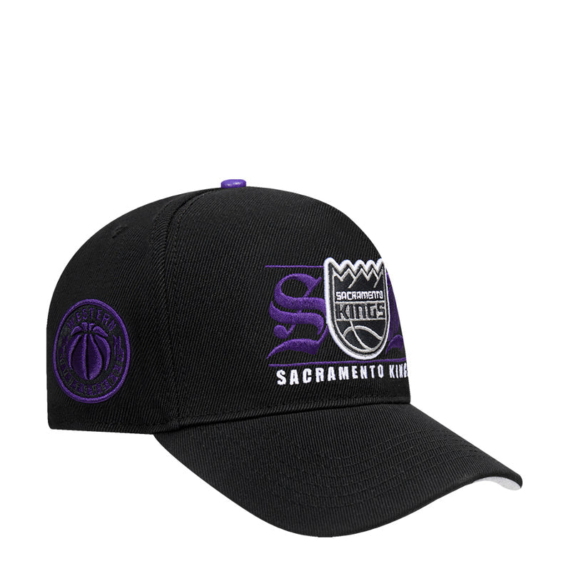 Black snapback cap with purple embroidered oval side logo and curved brim