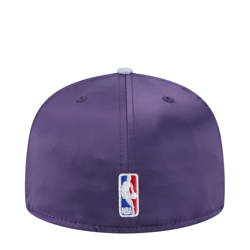 Two-tone satin baseball cap, purple crown with light gray brim, NBA logo on front