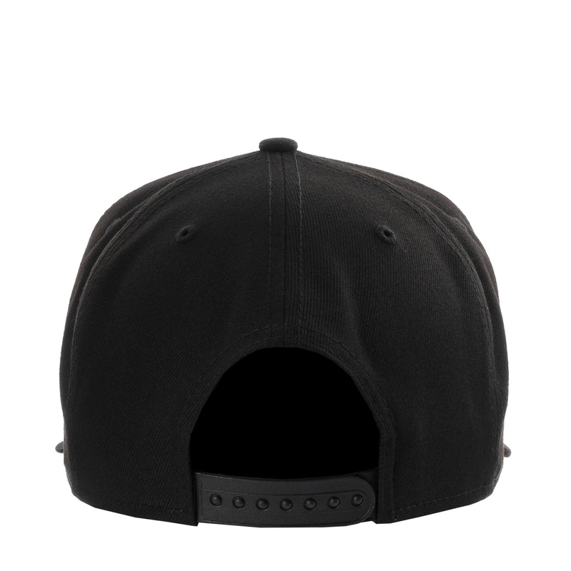 Black baseball cap back view with adjustable strap and stitched panels