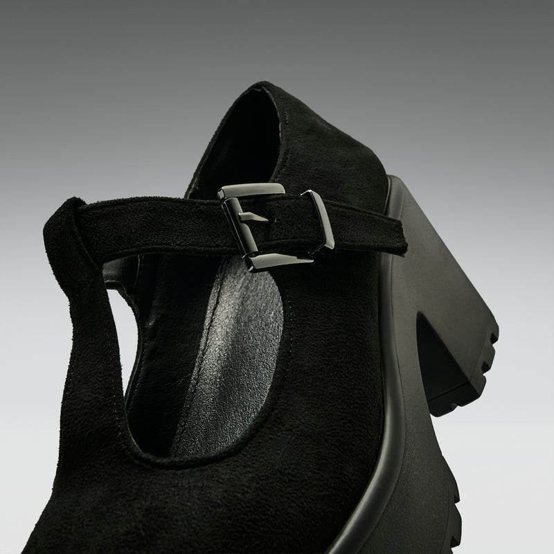 Sai Black Mary Jane Shoes 'Suede Edition' Back Heel View