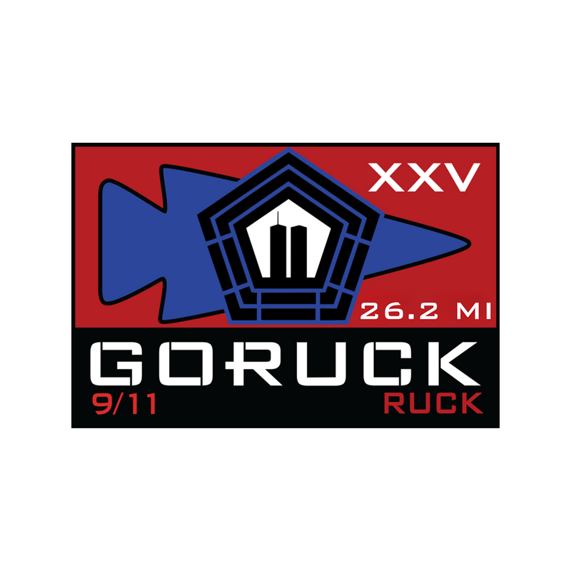 The Salt Lake City 9/11 (25th Anniversary) Event Weekend logo features a blue arrowhead, pentagon shape, and "XXV, 26.2 MI" text to honor the 25th Anniversary during the event.
