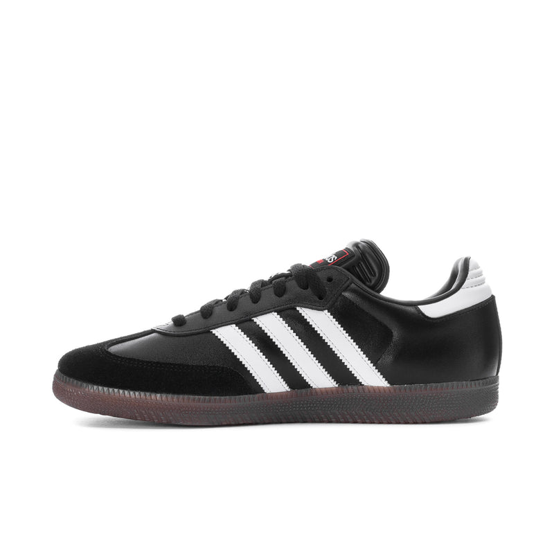 Men's black adidas Samba sneakers, front side view with white three stripes