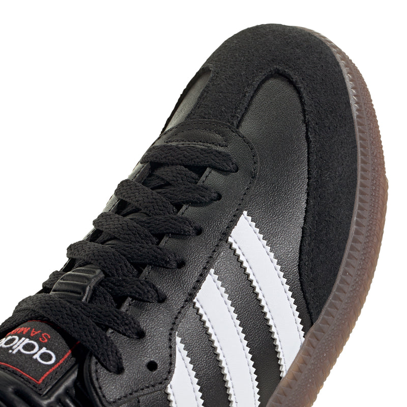 Men's black adidas Samba upper close-up with laces and white three stripes