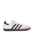 Youth sneakers, white upper with black triple stripes, lace-up, gum rubber sole