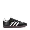 Youth adidas sneakers, black leather with white 3-stripe design and gum sole