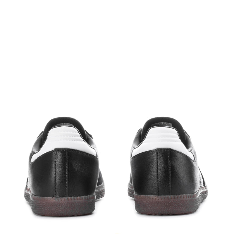 Youth adidas sneakers, black leather heel and rear view with white stripe accents