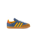 Kids denim blue sneakers with yellow stripes, orange heel detail, gum sole