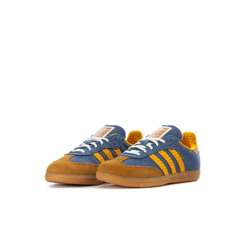 Kids denim blue sneakers, yellow triple stripes, orange lining; lace-up with gum soles