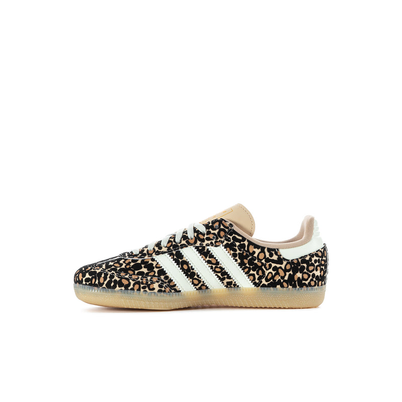Kids Samba OG sneakers, angled side view with leopard print and white three-stripe detail
