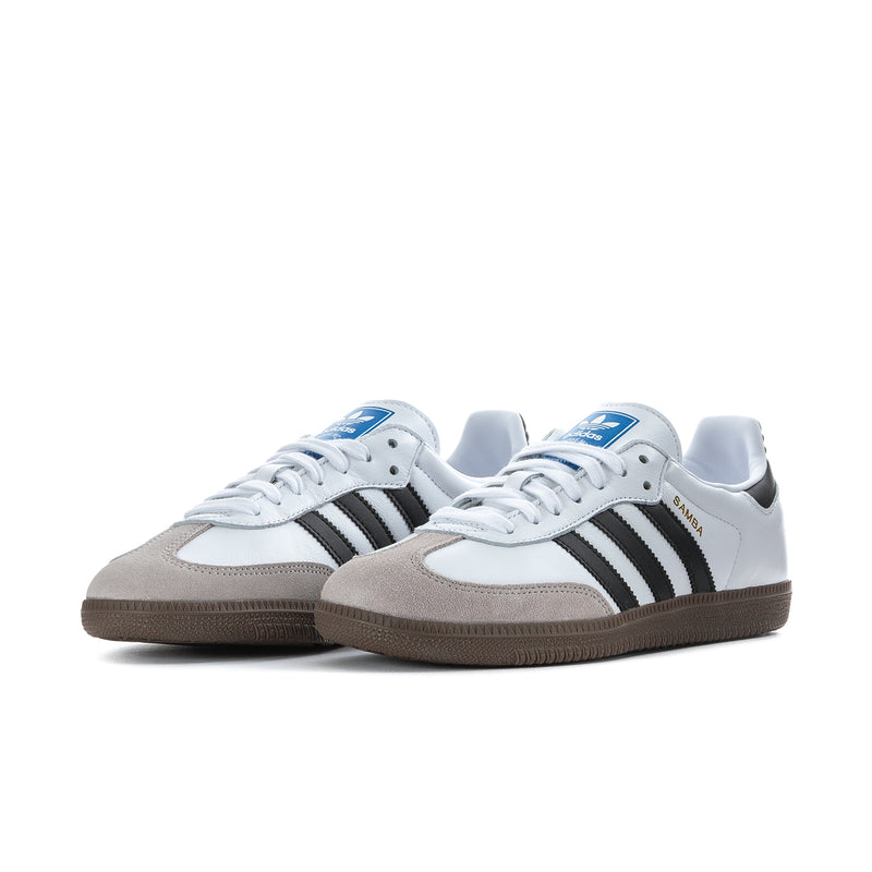 Men's Samba OG sneakers pair view, white uppers with black adidas-style stripes