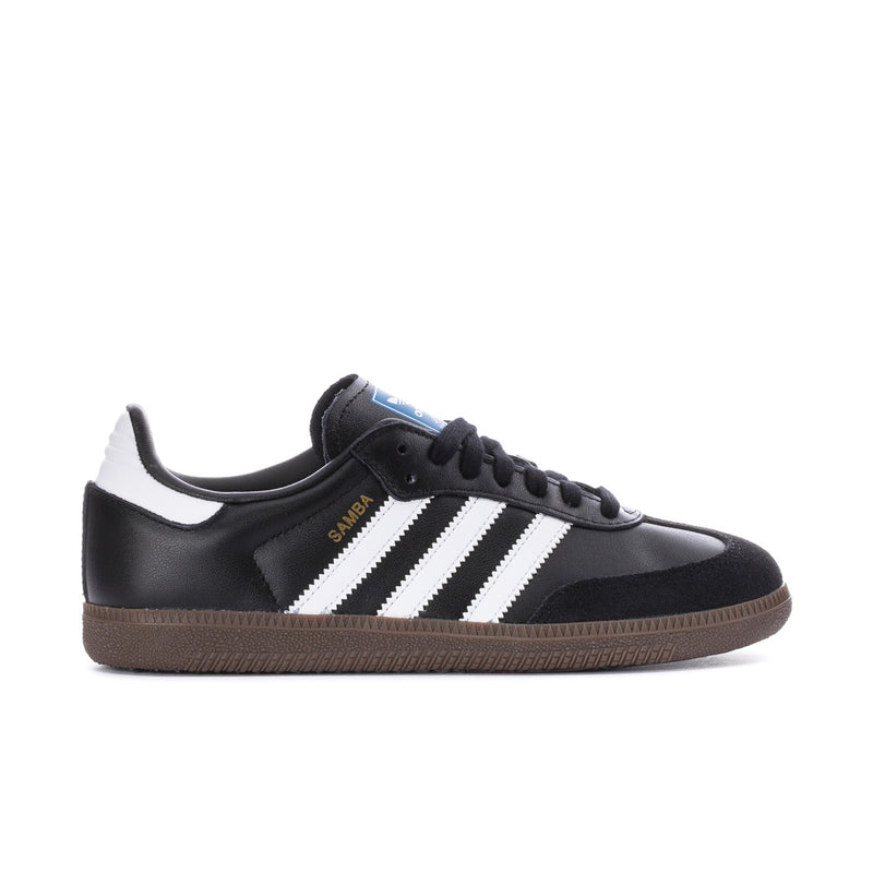 Black women's adidas sneaker with white triple stripes and gum outsole