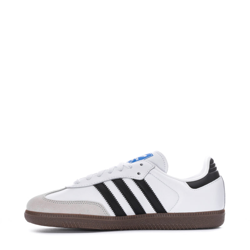 Women's Samba OG low sneakers, white leather with black stripes and brown outsole