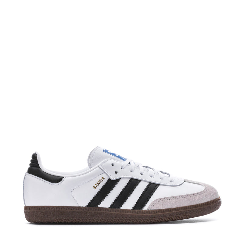Samba OG youth sneakers, white leather with black stripes and gum sole