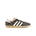 Youth adidas Samba OG-style sneaker with leopard print upper and white three-stripe detail