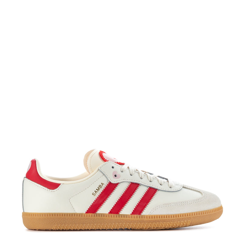 Youth adidas Samba OG sneakers in cream with red striped accents and gum sole