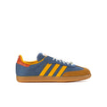 Kids' denim and yellow low-top sneakers with Adidas stripes and gum sole.
