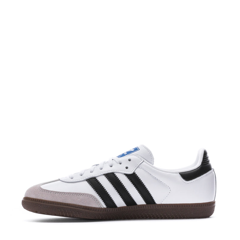 Samba OG youth sneakers, white upper with black adidas stripes and brown gum sole