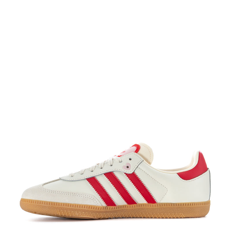 Youth adidas Samba OG sneakers, cream leather upper with red stripes, gum outsole