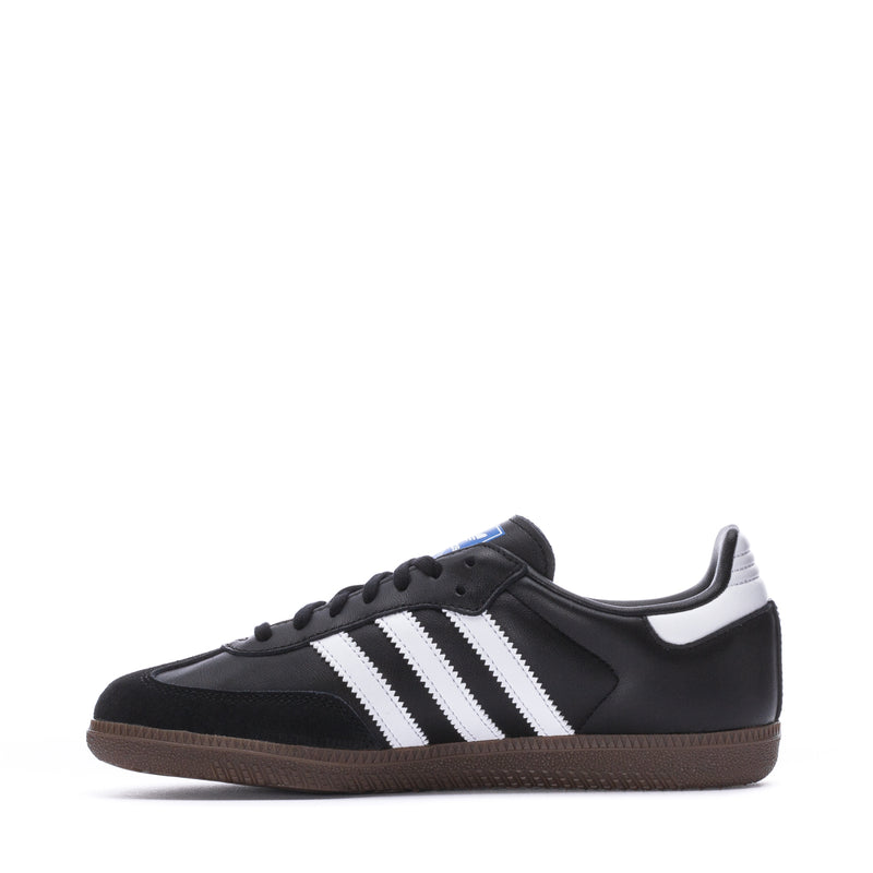 Kids' Adidas Samba OG side profile sneakers in black, white stripes, gum sole