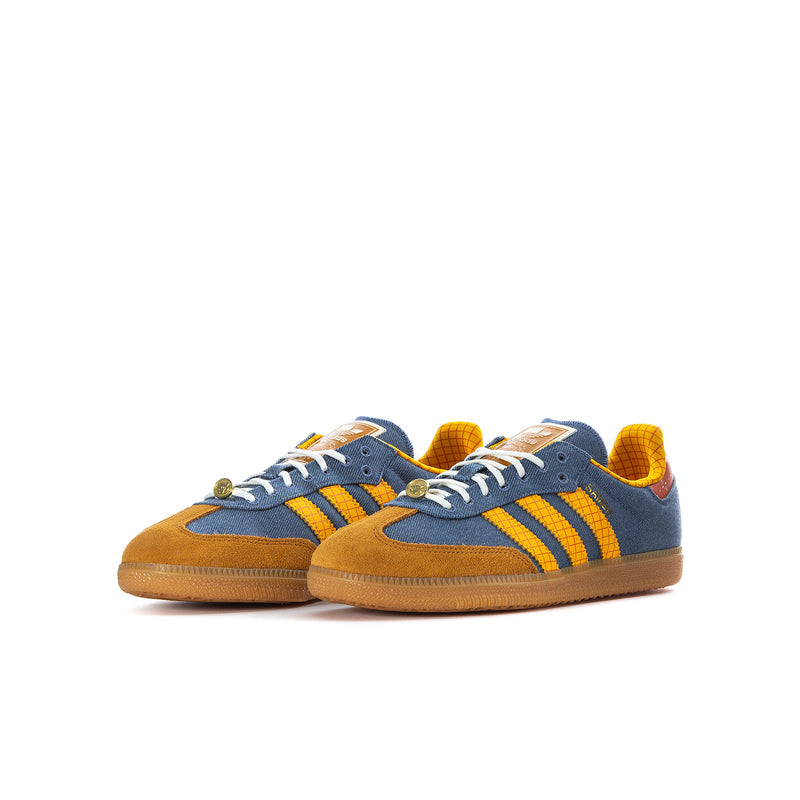 Kids' denim and yellow lace-up low-top Samba sneakers with gum outsole.