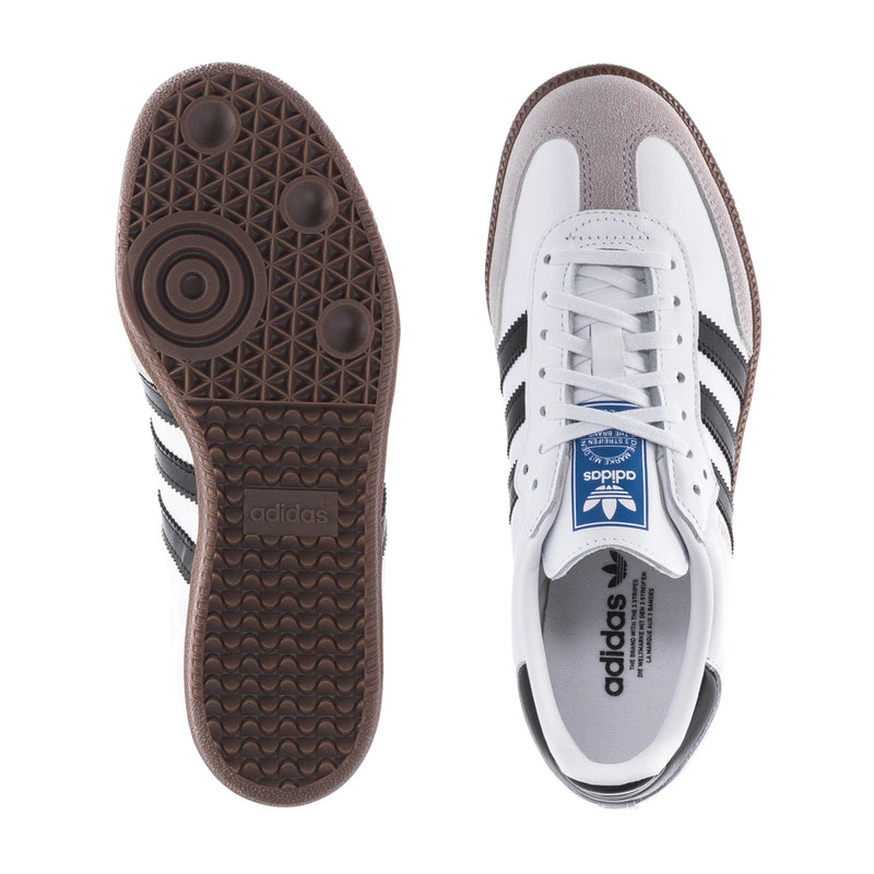 Samba OG youth sneakers, outsole and interior view; white with black stripes