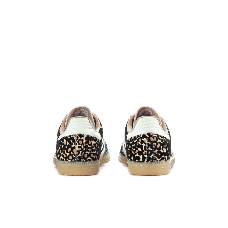 Youth sneaker pair view: leopard print uppers, tan heel tab, and white midsole