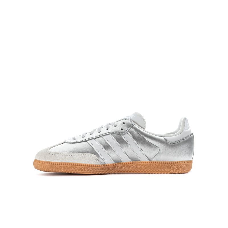 Youth Samba OG sneakers, side profile with metallic silver upper and gum sole