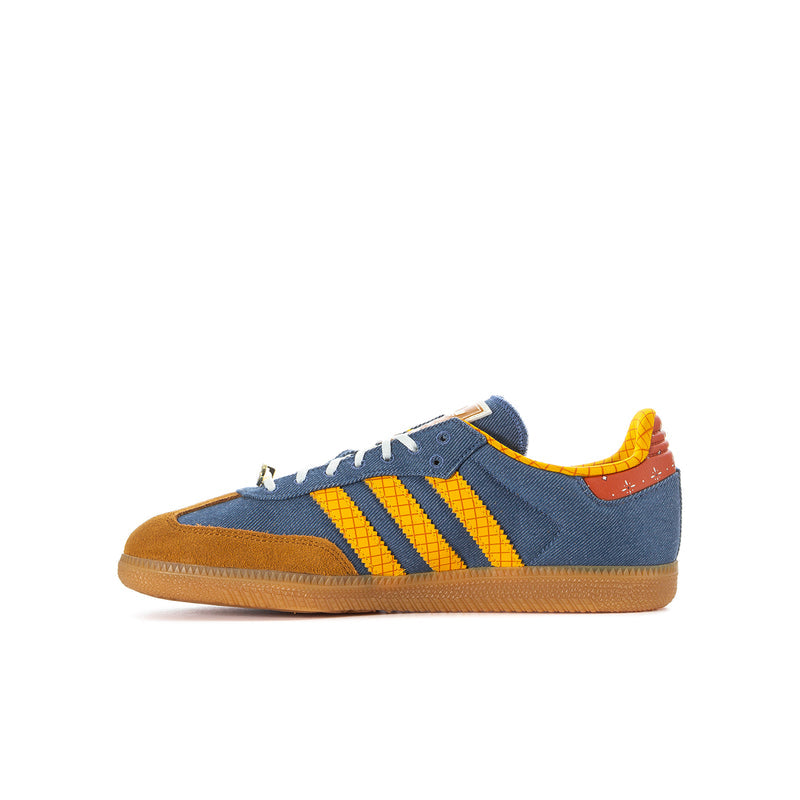 Kids' denim and yellow low-top sneakers with three-stripe design and gum sole.